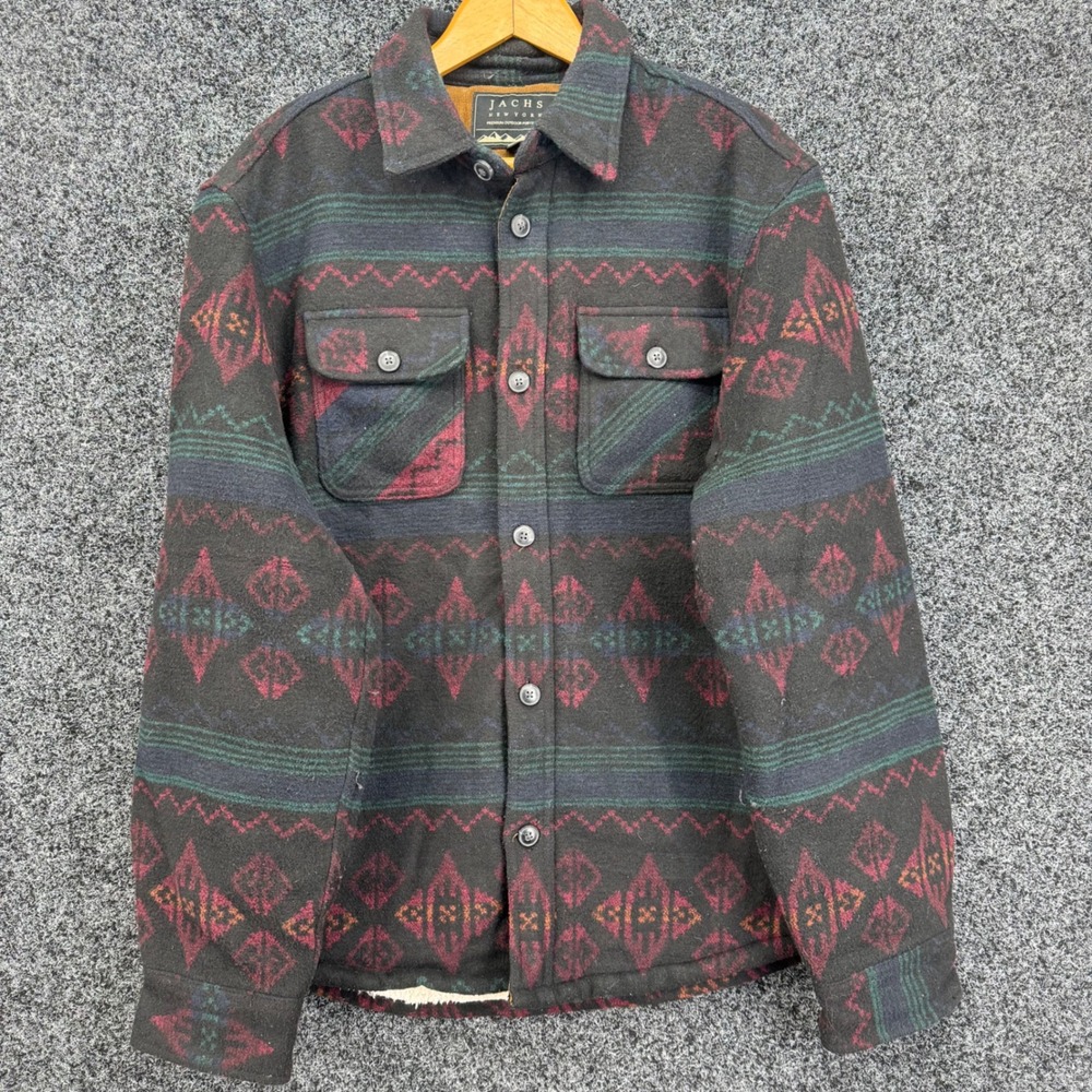 Jachs NY Mens Tribal Southwestern Faux Fur Lined Wool Blend Shirt Jacket Large